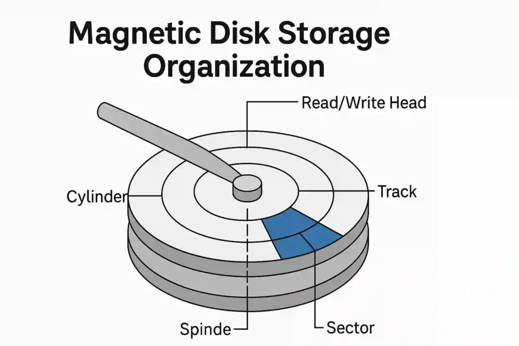 Diagram showing magnetic disk storage organization with platters, sectors, and tracks.